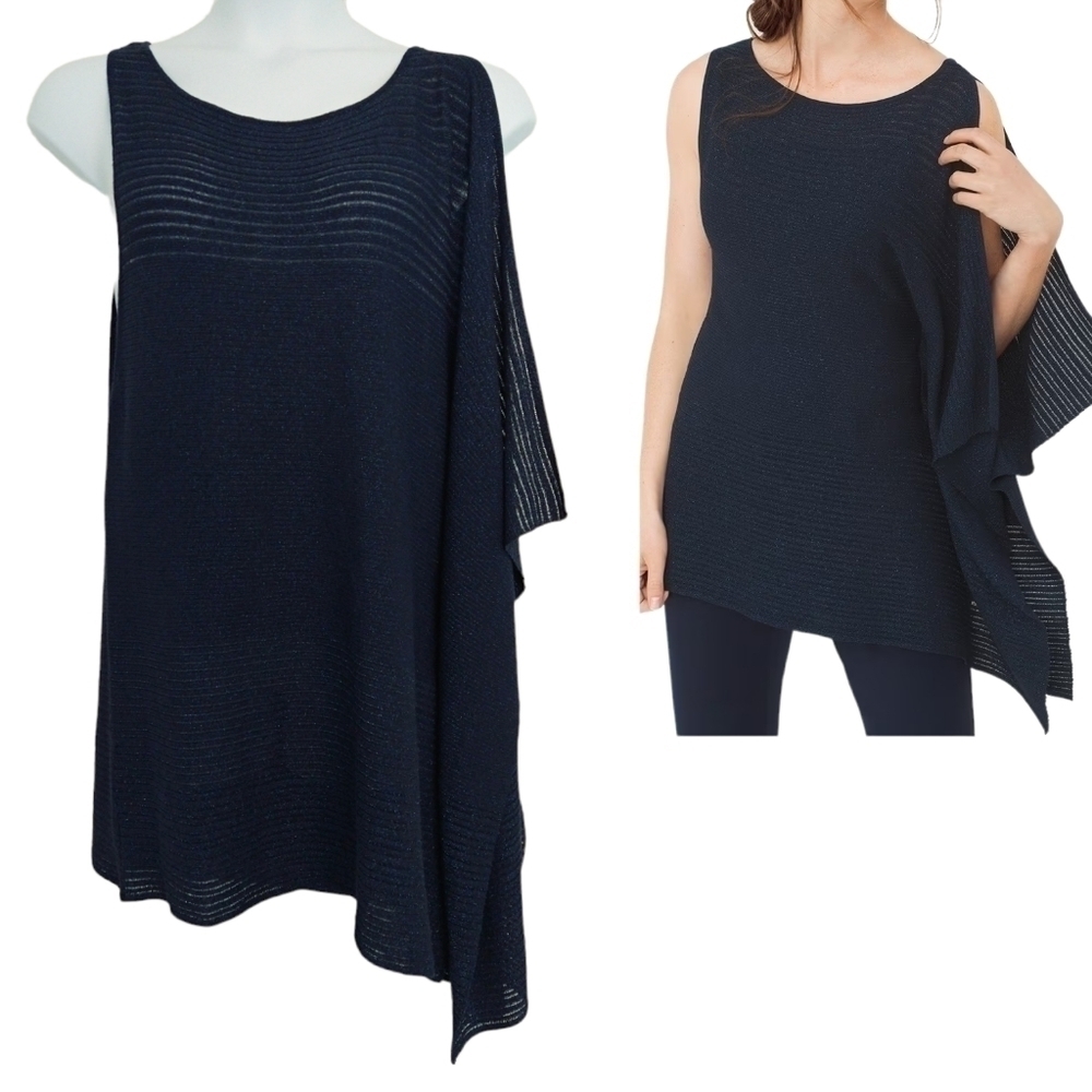 White House Black Market Navy Blue Shimmer Asymmetrical Drape Sleeveless Top